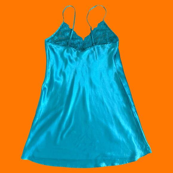 90's 00's vintage blue satin 100% polyester sheer floral lace y2K slip dress M - Picture 3 of 8